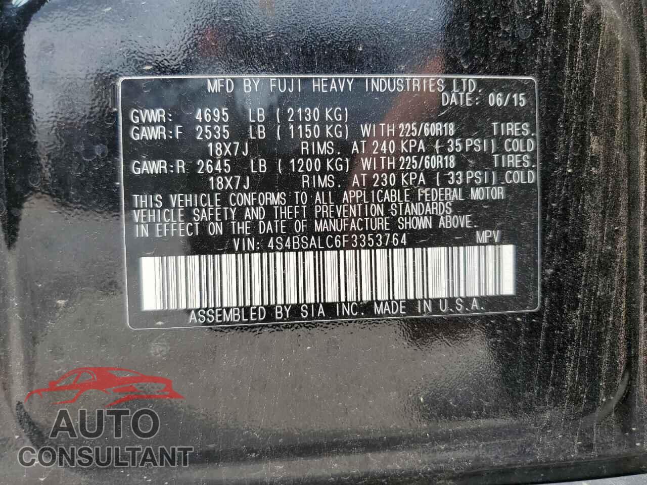 SUBARU OUTBACK 2015 - 4S4BSALC6F3353764