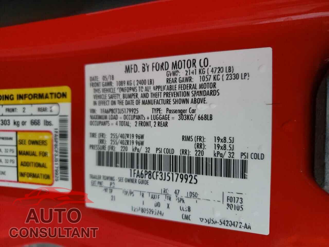 FORD MUSTANG 2018 - 1FA6P8CF3J5179925