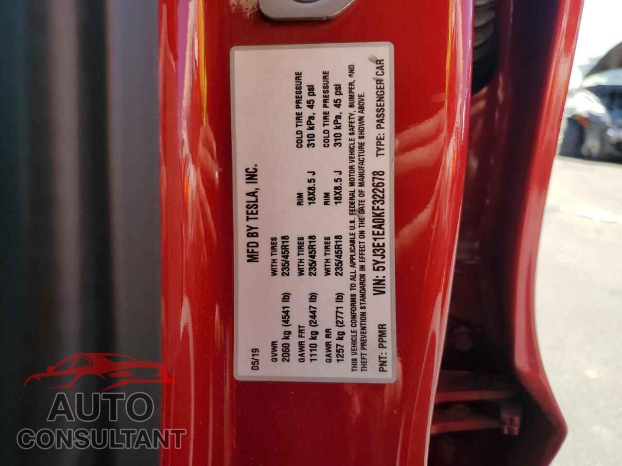 TESLA MODEL 3 2019 - 5YJ3E1EA0KF322678