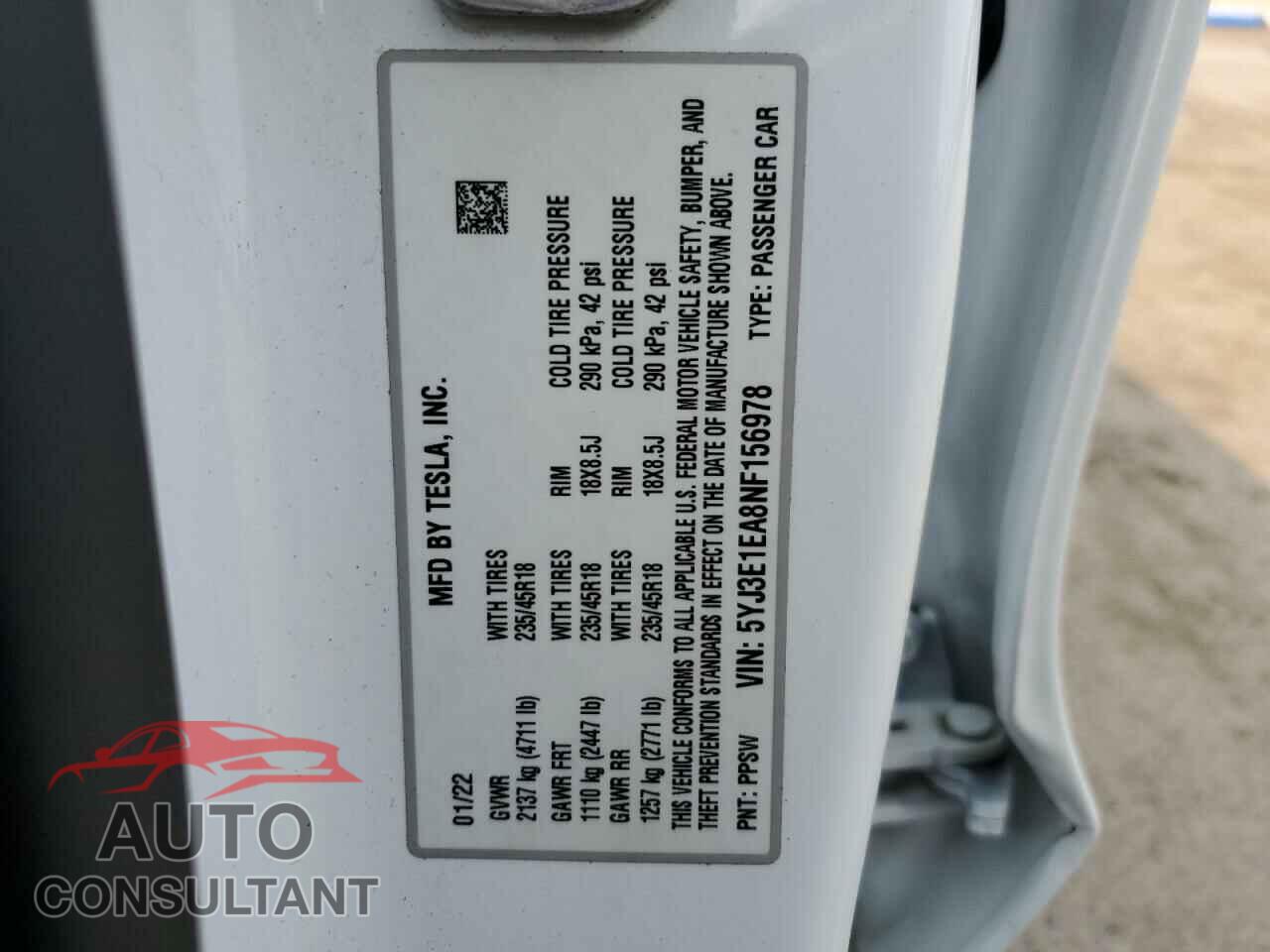 TESLA MODEL 3 2022 - 5YJ3E1EA8NF156978