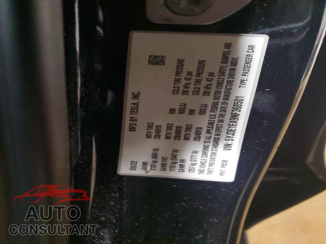 TESLA MODEL 3 2022 - 5YJ3E1EA9NF368501