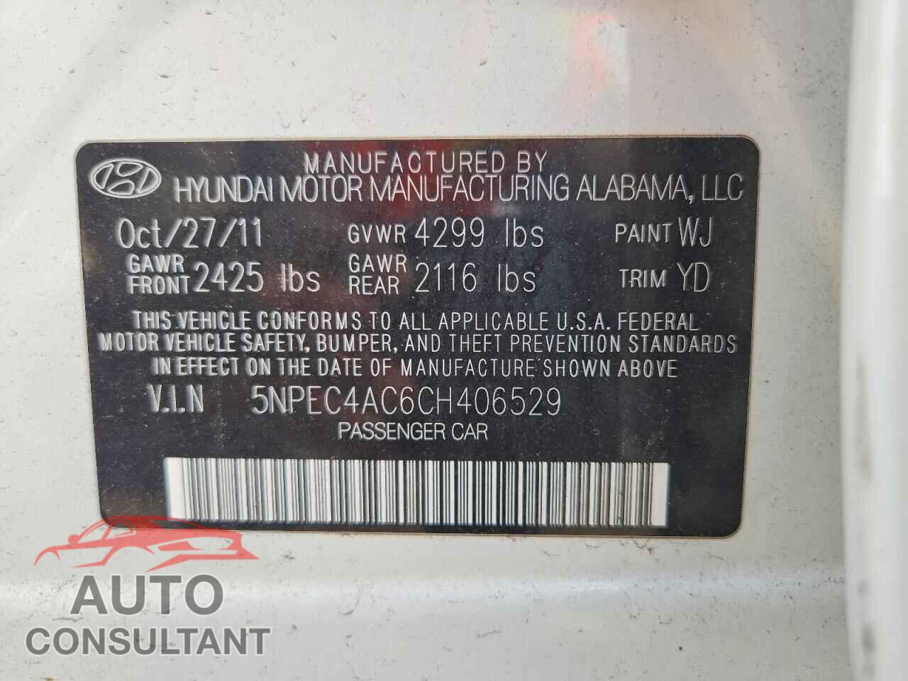 HYUNDAI SONATA 2012 - 5NPEC4AC6CH406529