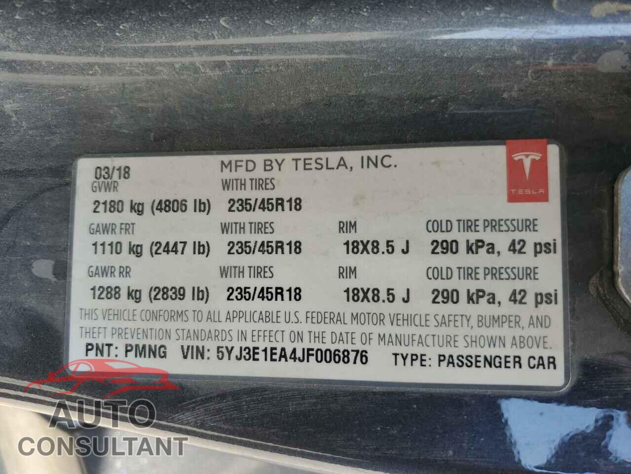TESLA MODEL 3 2018 - 5YJ3E1EA4JF006876
