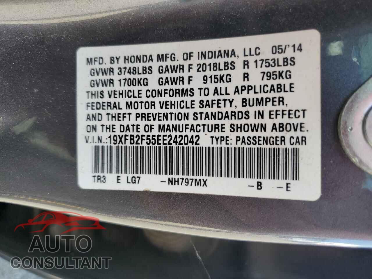 HONDA CIVIC 2014 - 19XFB2F55EE242042