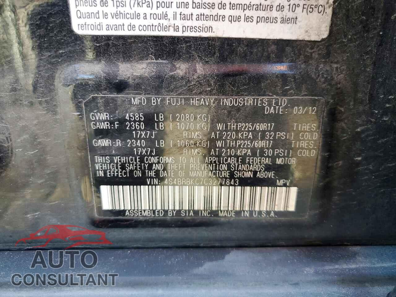 SUBARU OUTBACK 2012 - 4S4BRBKC7C3277843