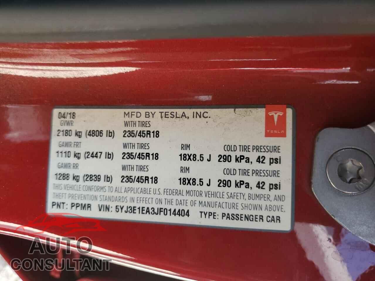 TESLA MODEL 3 2018 - 5YJ3E1EA3JF014404