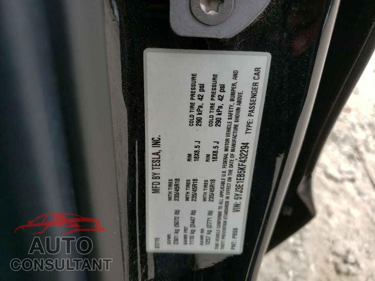 TESLA MODEL 3 2019 - 5YJ3E1EB5KF432294