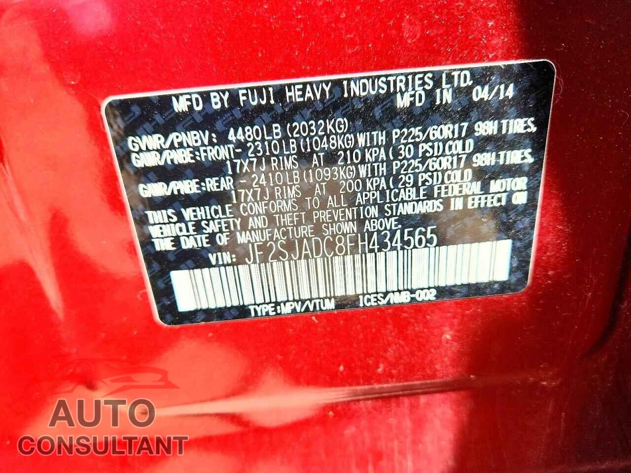 SUBARU FORESTER 2015 - JF2SJADC8FH434565