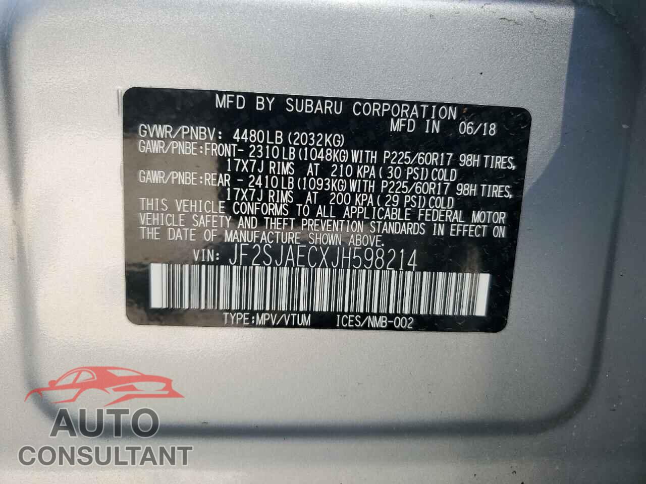 SUBARU FORESTER 2018 - JF2SJAECXJH598214