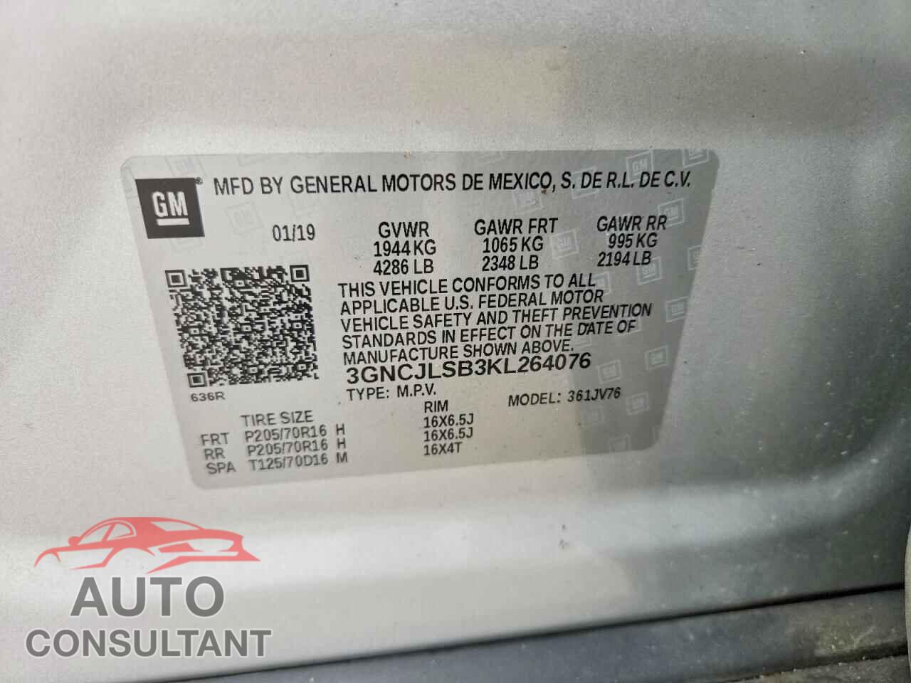 CHEVROLET TRAX 2019 - 3GNCJLSB3KL264076