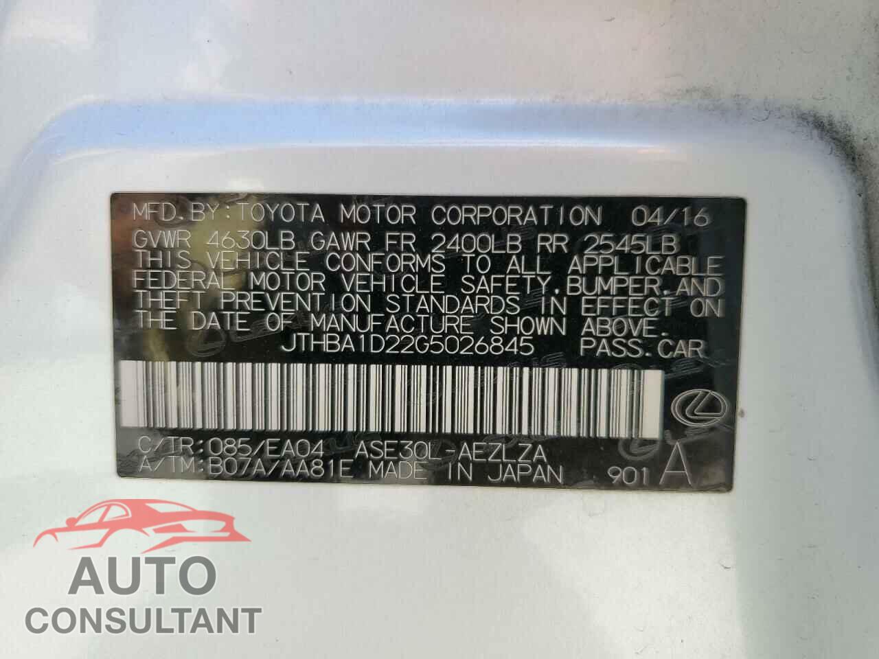 LEXUS IS 2016 - JTHBA1D22G5026845