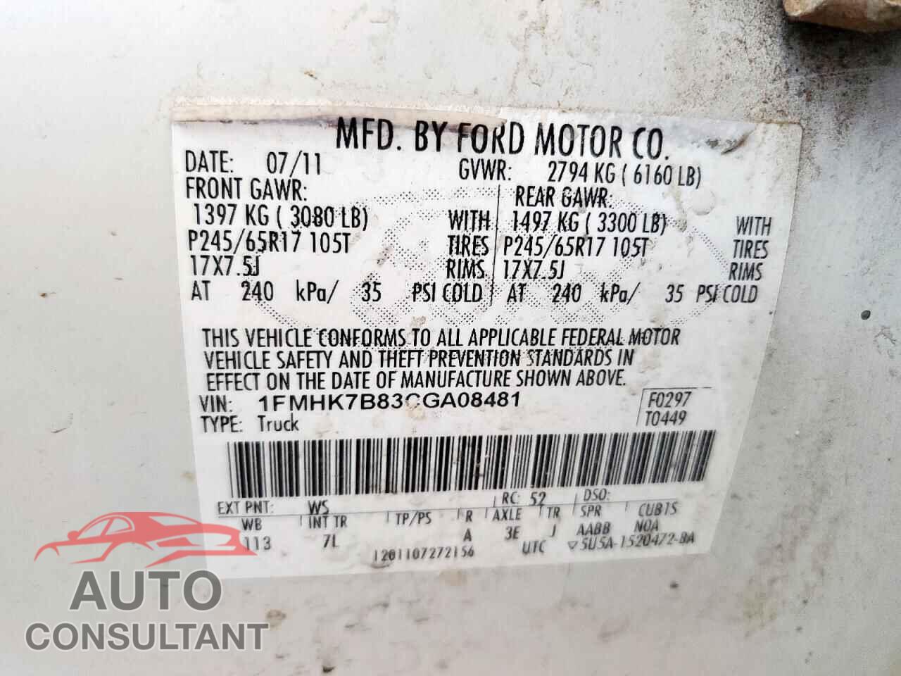 FORD EXPLORER 2012 - 1FMHK7B83CGA08481