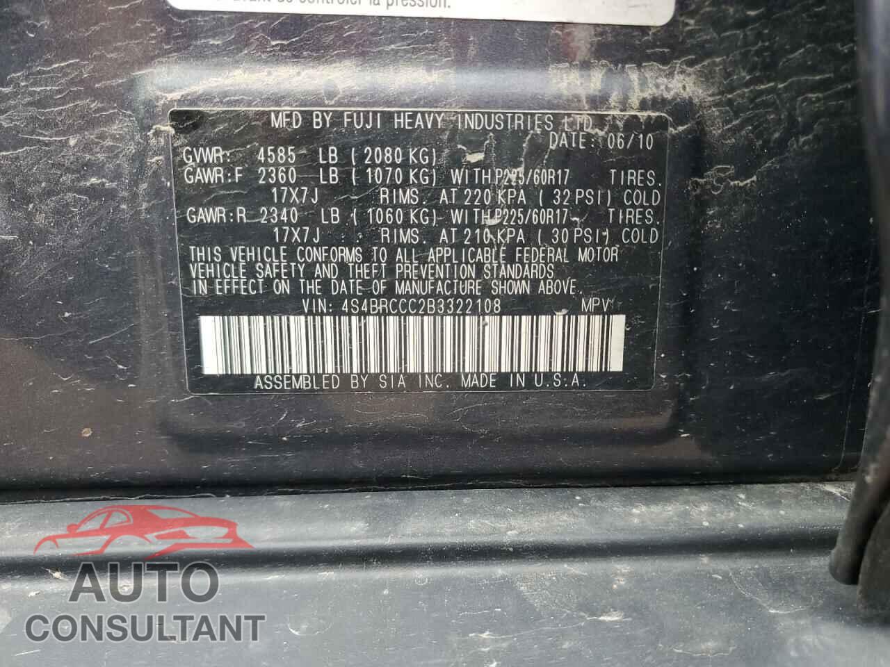 SUBARU OUTBACK 2011 - 4S4BRCCC2B3322108