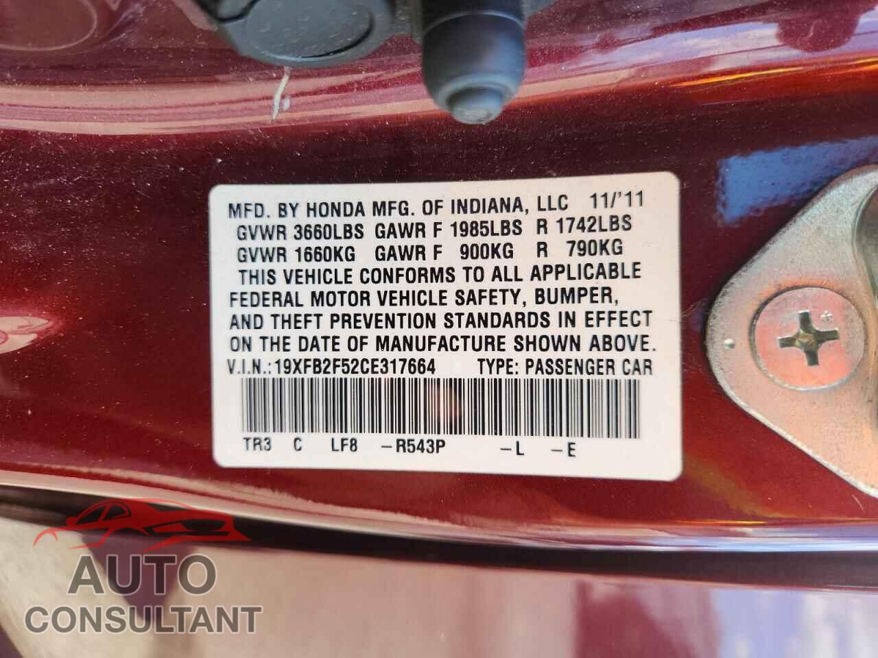 HONDA CIVIC 2012 - 19XFB2F52CE317664
