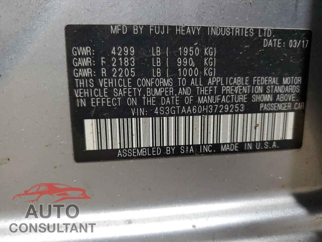 SUBARU IMPREZA 2017 - 4S3GTAA60H3729253