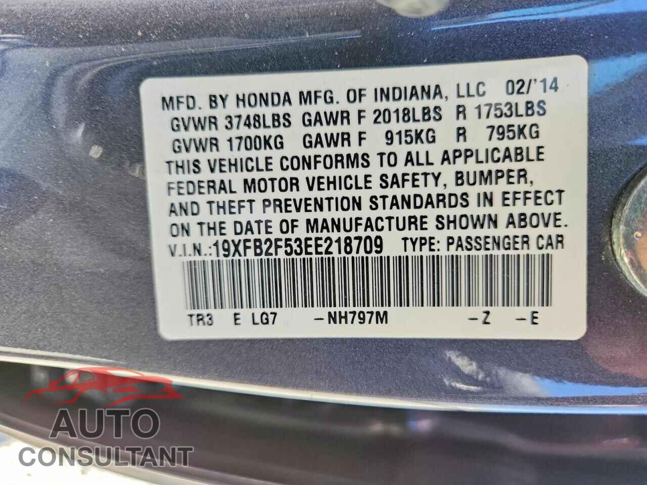 HONDA CIVIC 2014 - 19XFB2F53EE218709