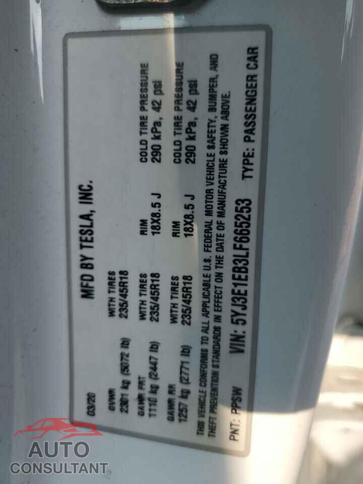 TESLA MODEL 3 2020 - 5YJ3E1EB3LF665253