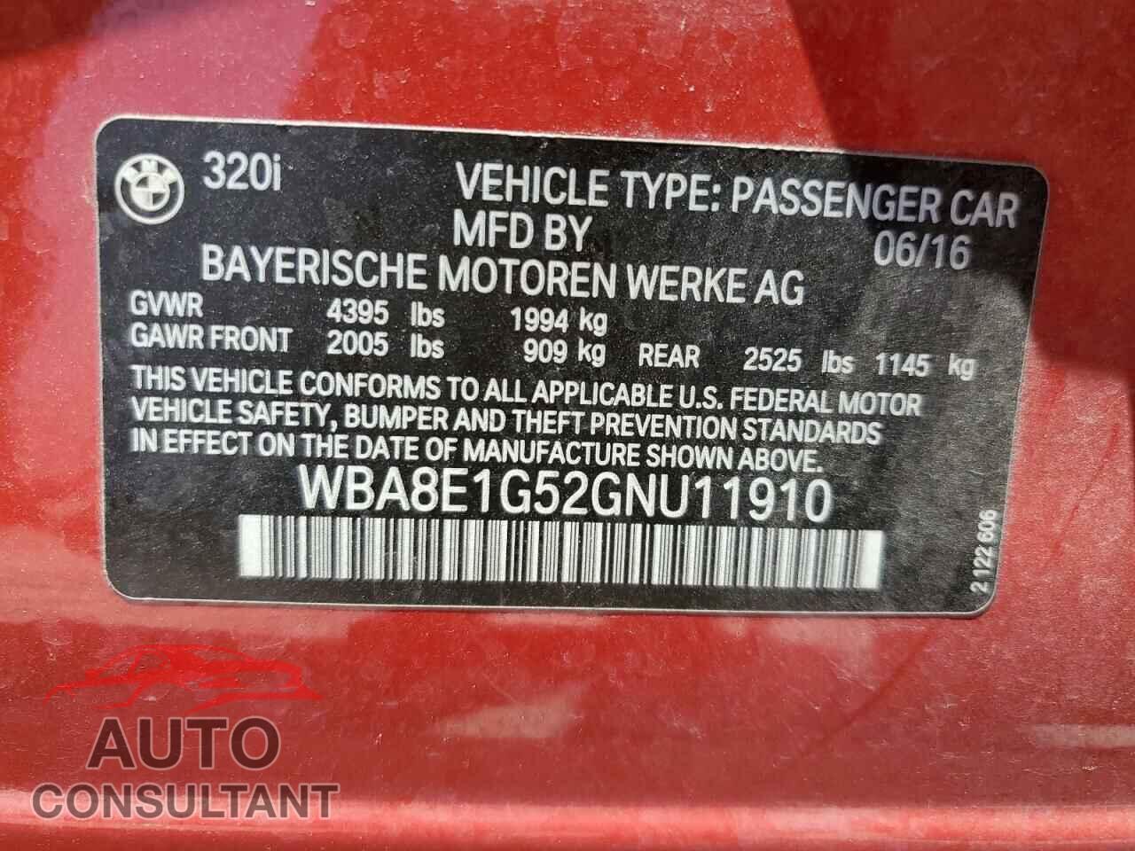 BMW 3 SERIES 2016 - WBA8E1G52GNU11910