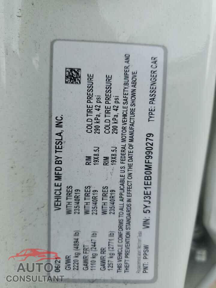 TESLA MODEL 3 2021 - 5YJ3E1EB0MF990279