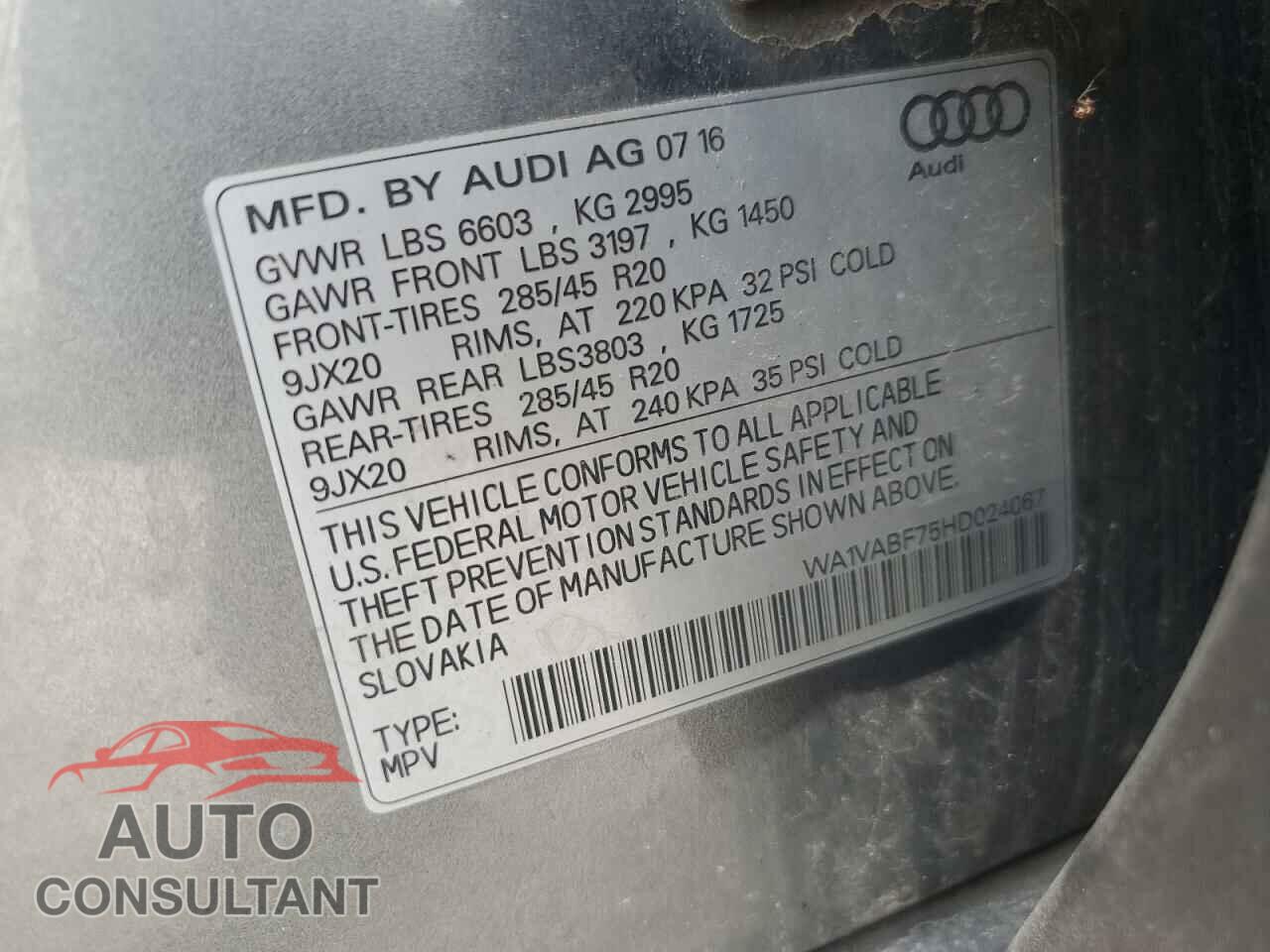 AUDI Q7 2017 - WA1VABF75HD024067