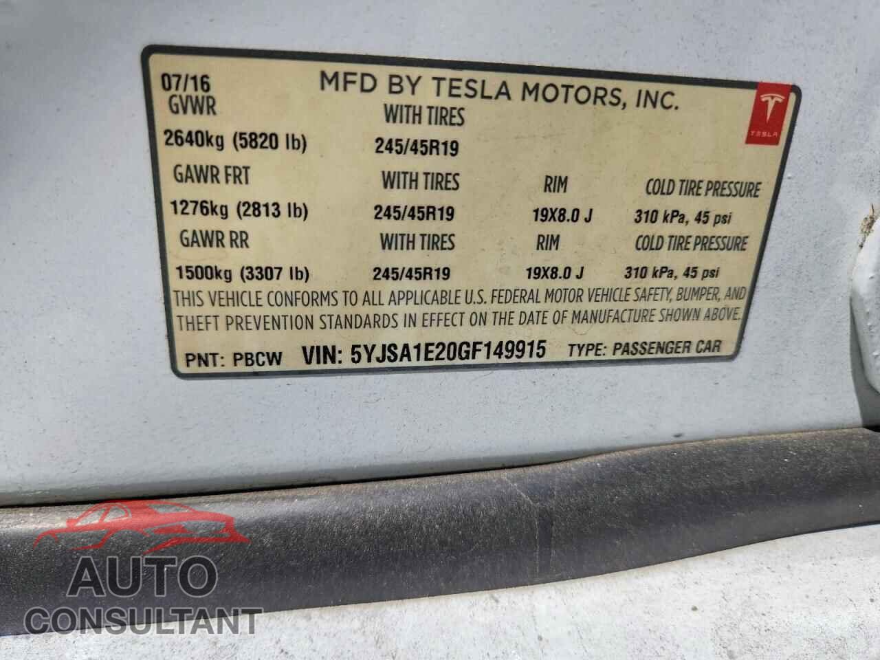 TESLA MODEL S 2016 - 5YJSA1E20GF149915