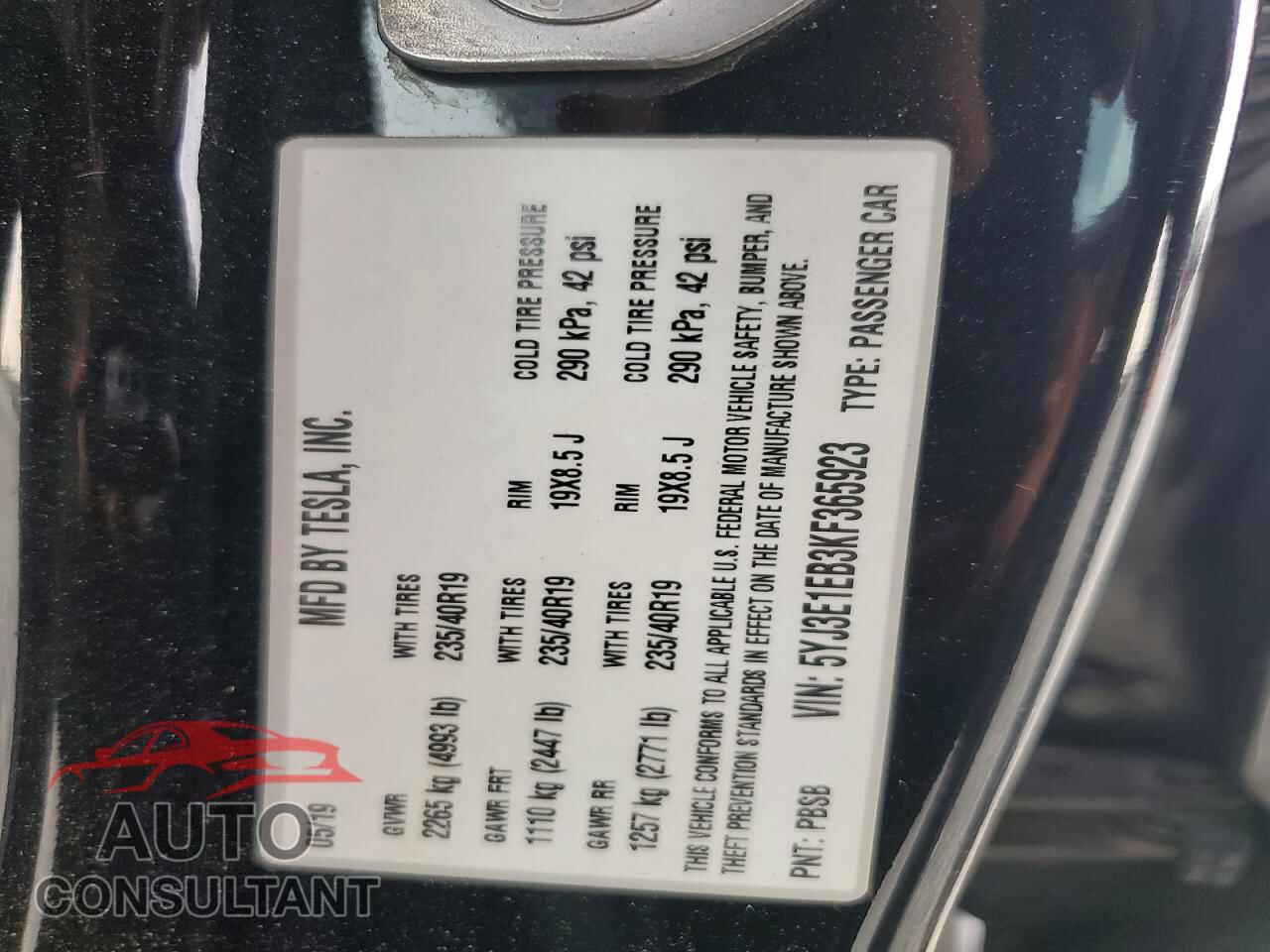 TESLA MODEL 3 2019 - 5YJ3E1EB3KF365923