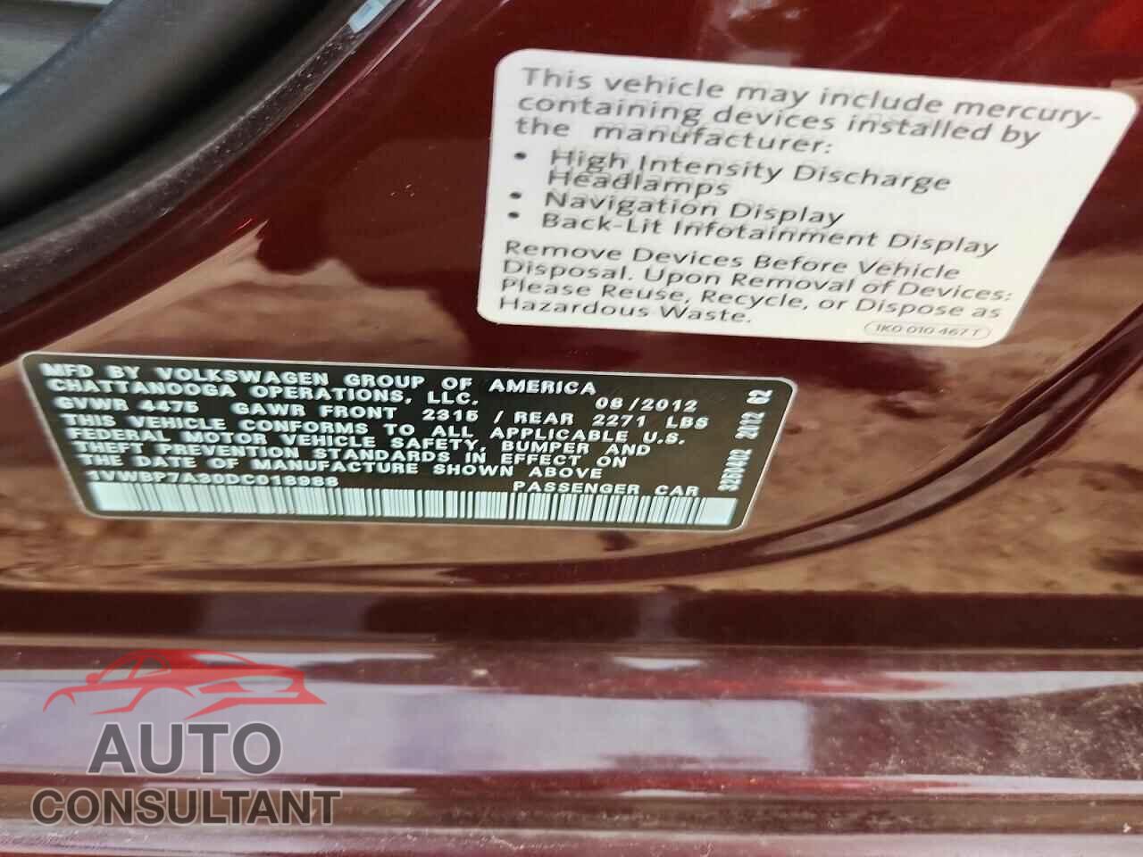 VOLKSWAGEN PASSAT 2013 - 1VWBP7A30DC018988