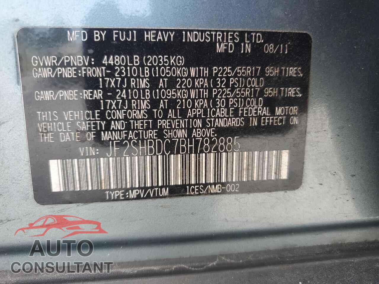 SUBARU FORESTER 2011 - JF2SHBDC7BH782885