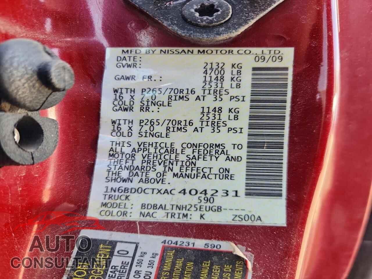 NISSAN FRONTIER 2010 - 1N6BD0CTXAC404231
