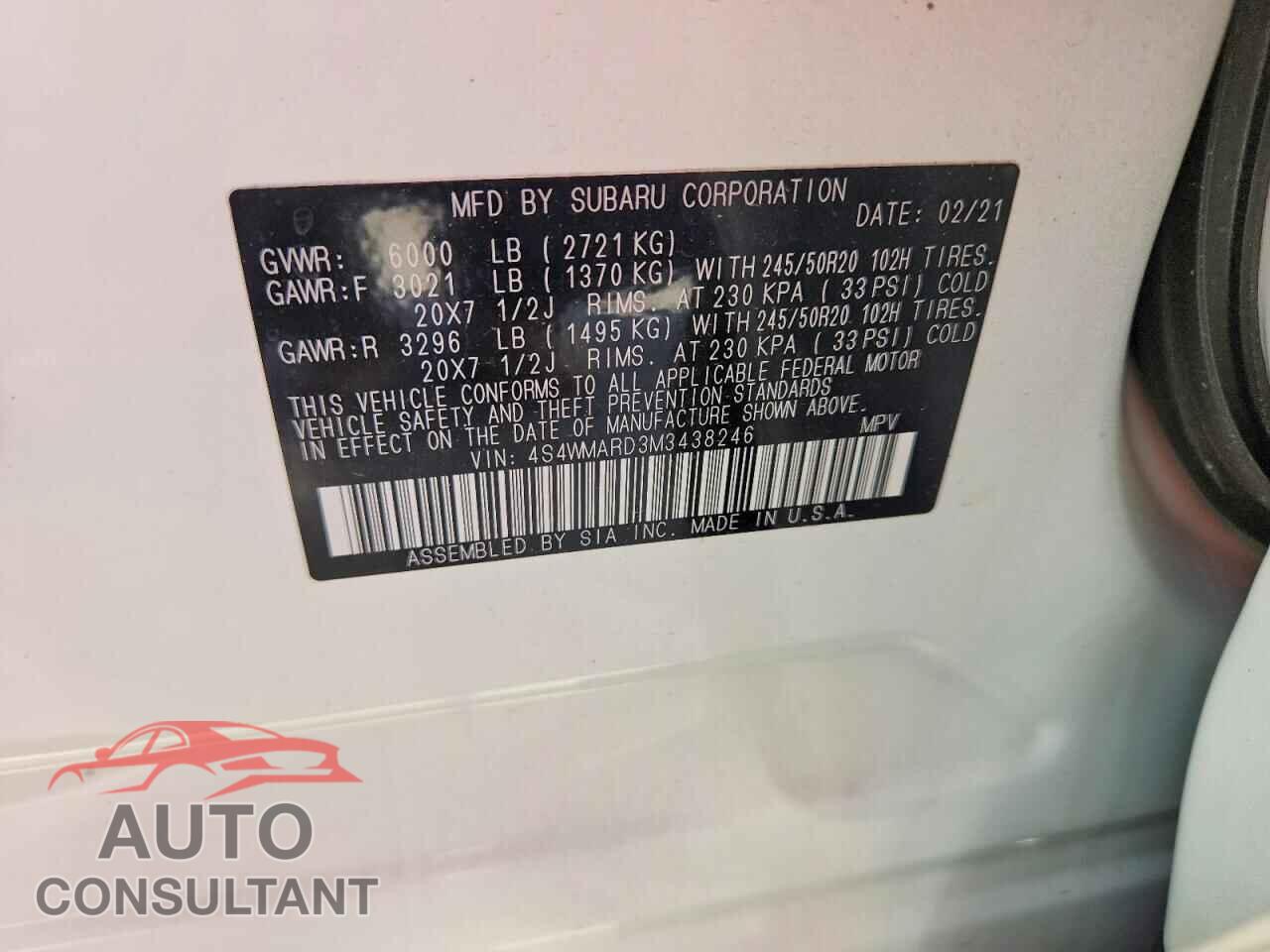 SUBARU ASCENT 2021 - 4S4WMARD3M3438246