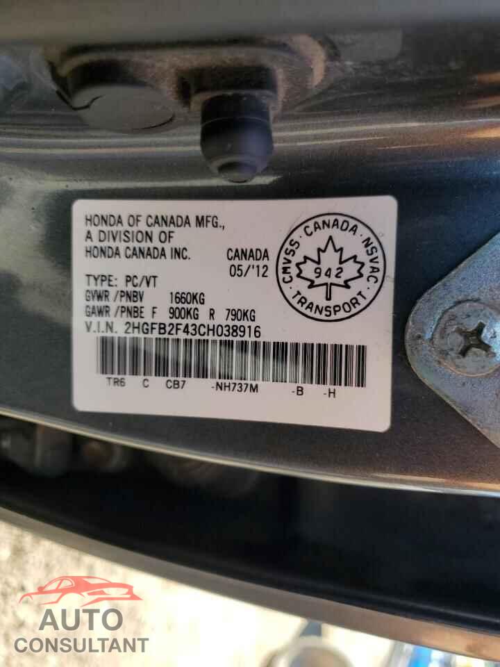 HONDA CIVIC 2012 - 2HGFB2F43CH038916