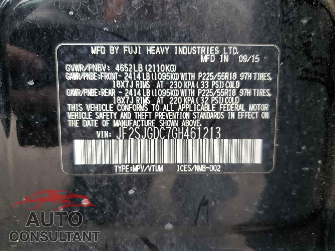 SUBARU FORESTER 2016 - JF2SJGDC7GH461213
