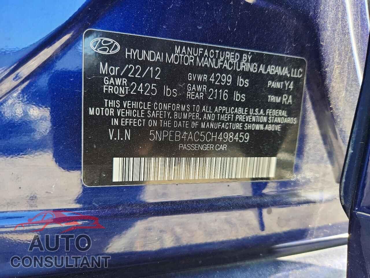 HYUNDAI SONATA 2012 - 5NPEB4AC5CH498459