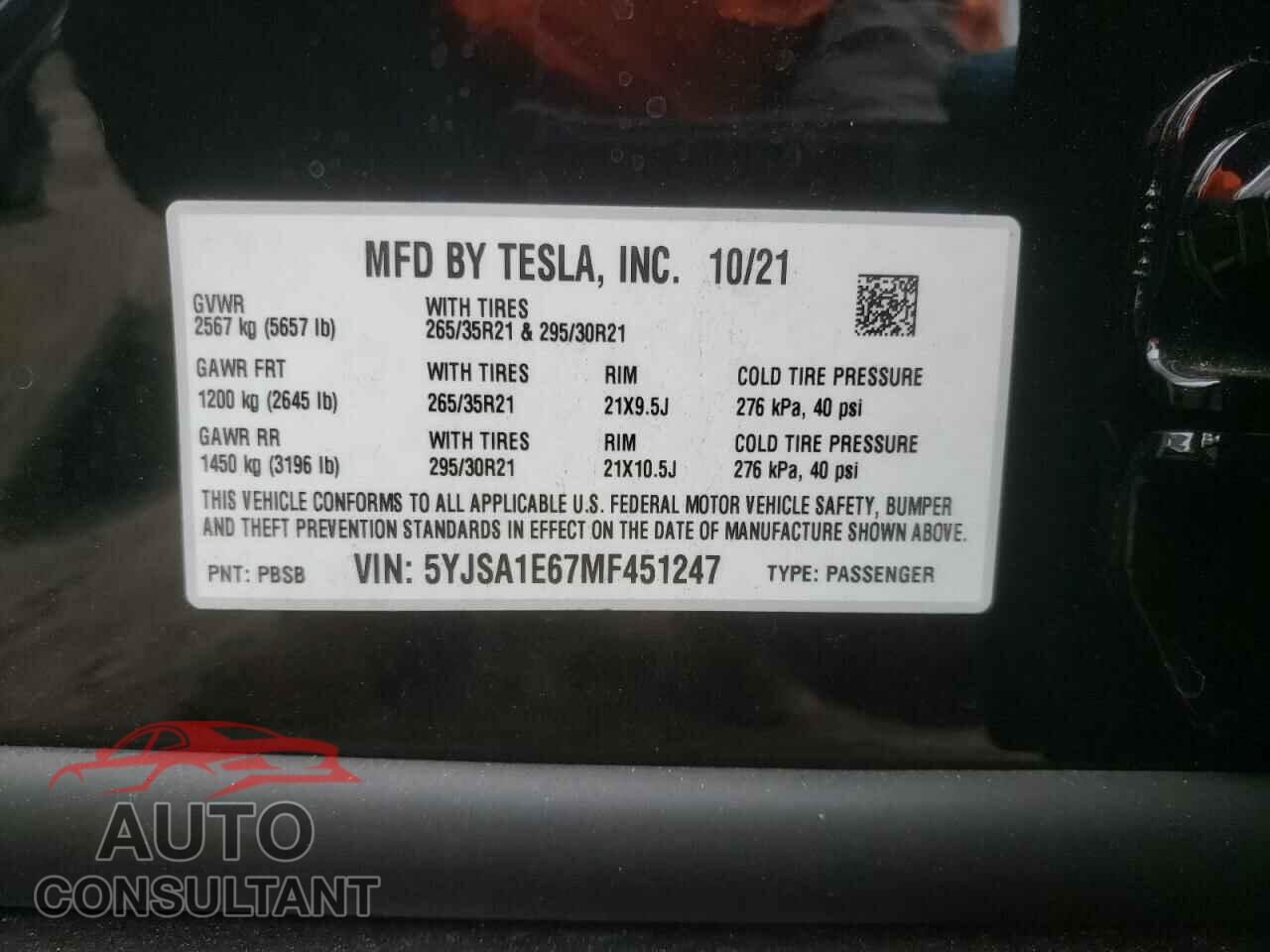 TESLA MODEL S 2021 - 5YJSA1E67MF451247