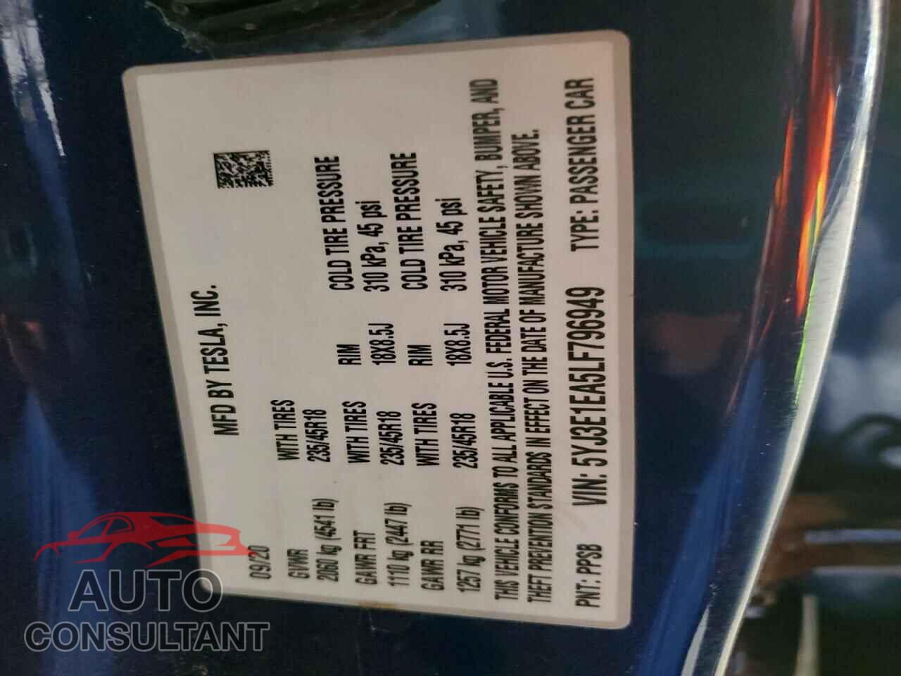 TESLA MODEL 3 2020 - 5YJ3E1EA5LF796949