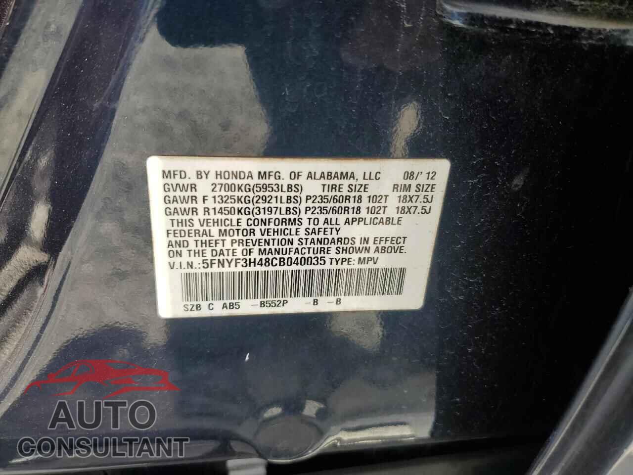HONDA PILOT 2012 - 5FNYF3H48CB040035