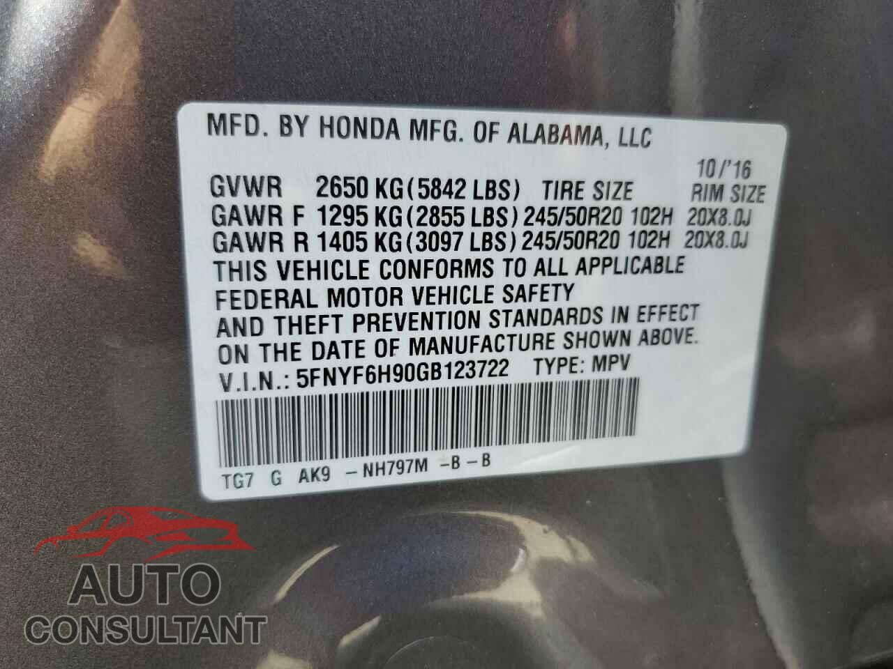 HONDA PILOT 2016 - 5FNYF6H90GB123722