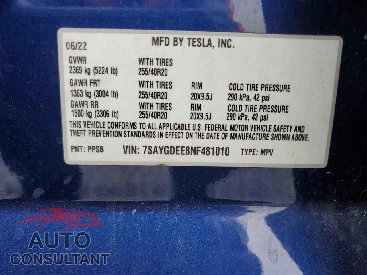 TESLA MODEL Y 2022 - 7SAYGDEE8NF481010