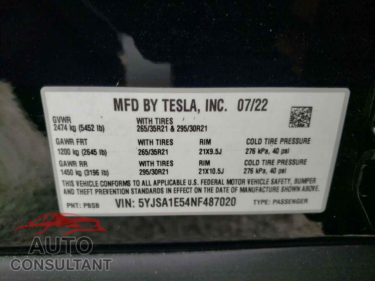 TESLA MODEL S 2022 - 5YJSA1E54NF487020