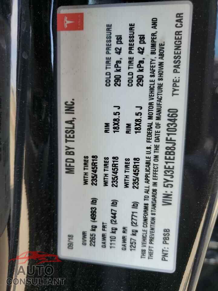 TESLA MODEL 3 2018 - 5YJ3E1EB8JF103460