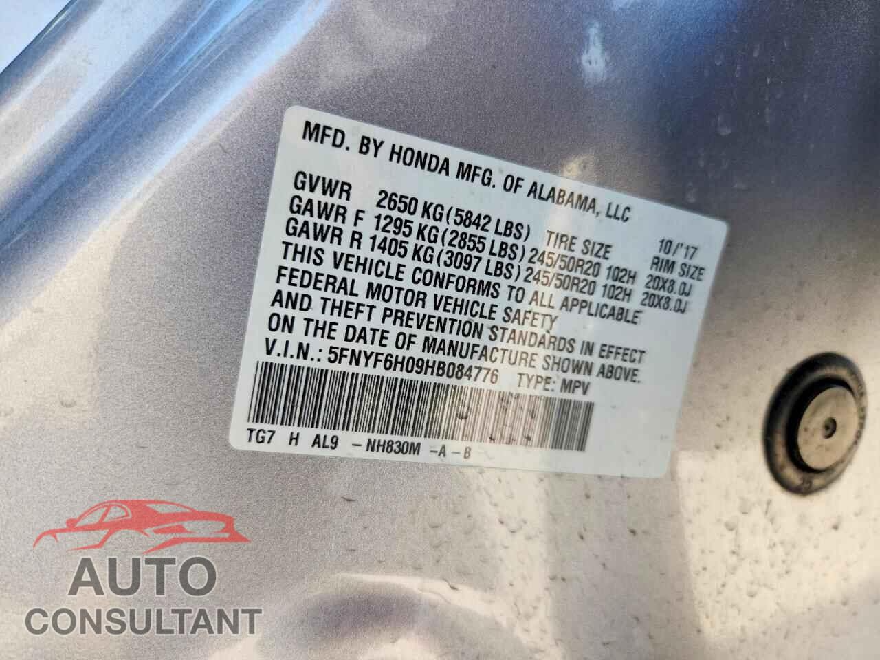 HONDA PILOT 2017 - 5FNYF6H09HB084776