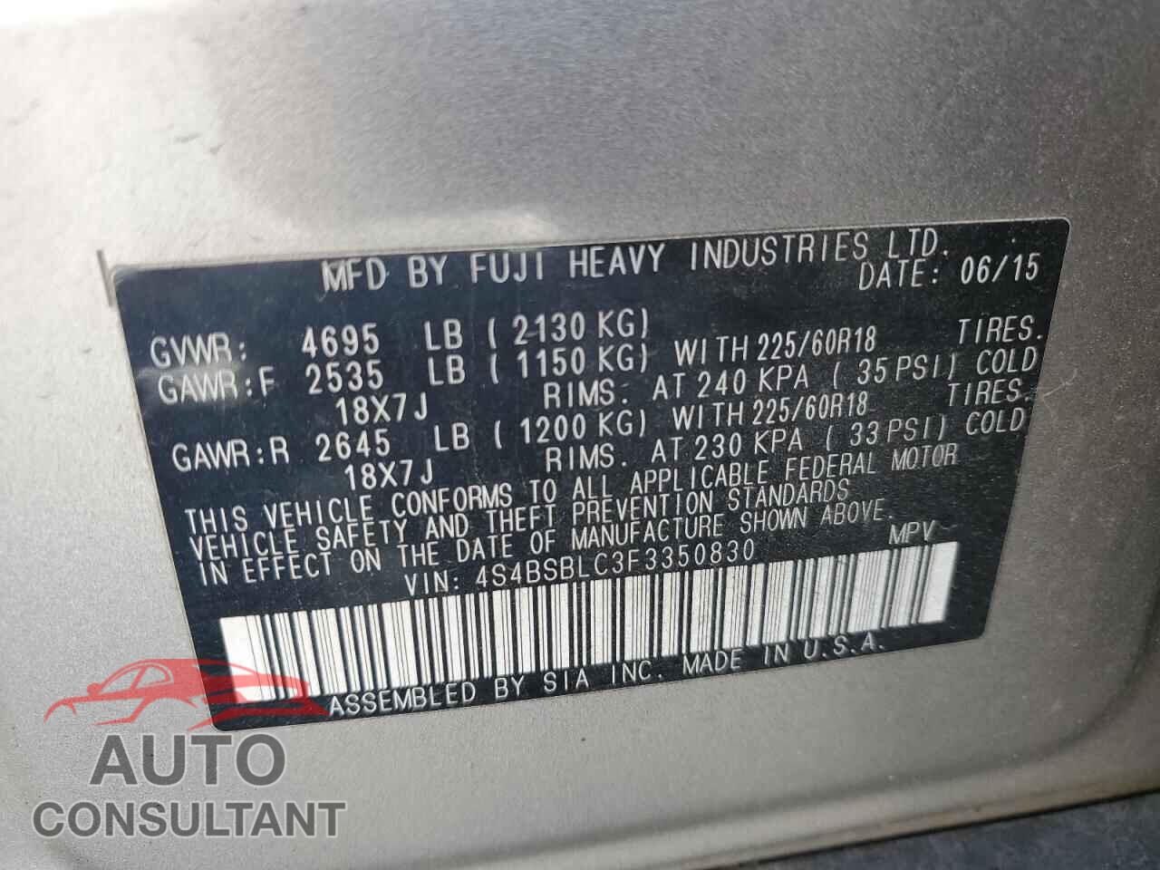 SUBARU OUTBACK 2015 - 4S4BSBLC3F3350830
