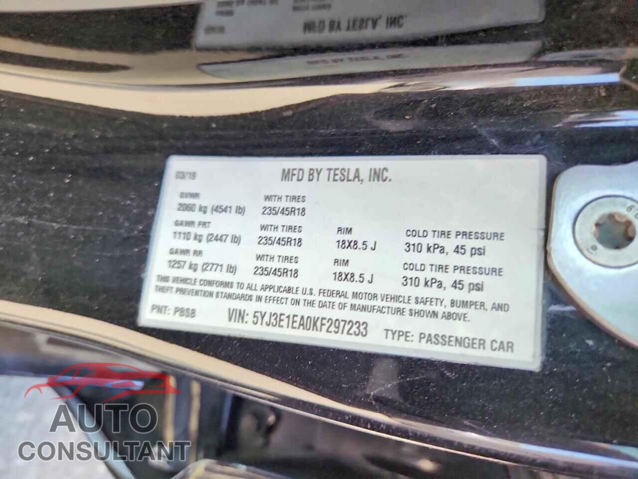 TESLA MODEL 3 2019 - 5YJ3E1EA0KF297233