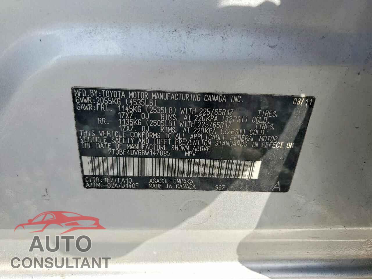 TOYOTA RAV4 2011 - 2T3BF4DV6BW147085