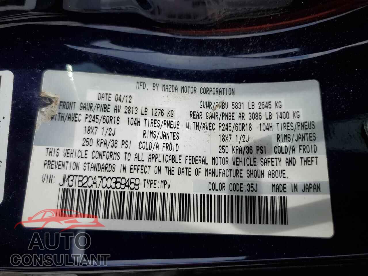 MAZDA CX-9 2012 - JM3TB2CA7C0359459