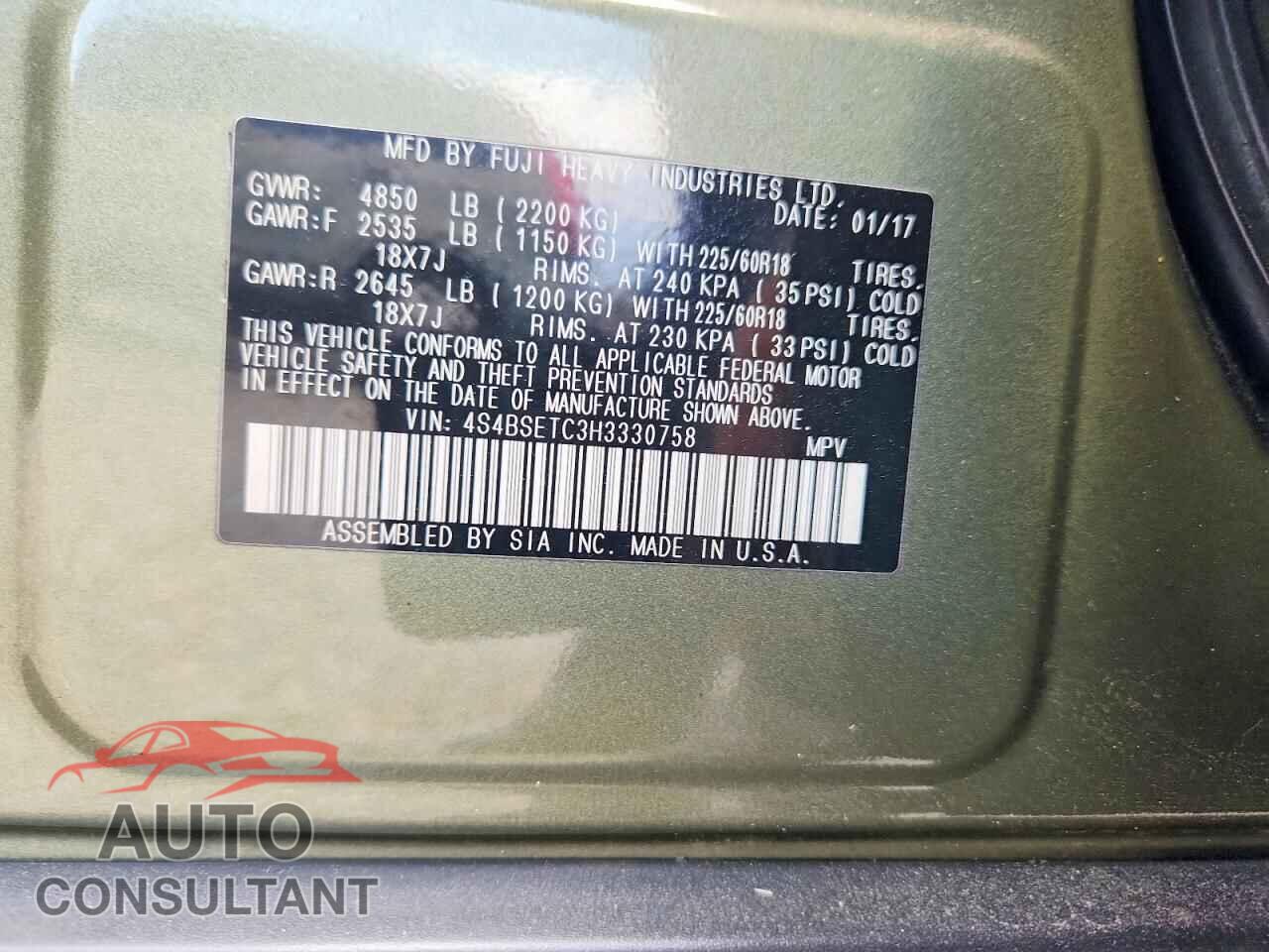 SUBARU OUTBACK 2017 - 4S4BSETC3H3330758