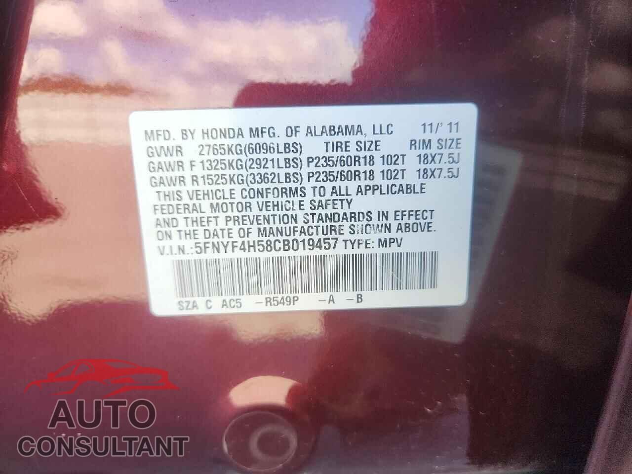 HONDA PILOT 2012 - 5FNYF4H58CB019457