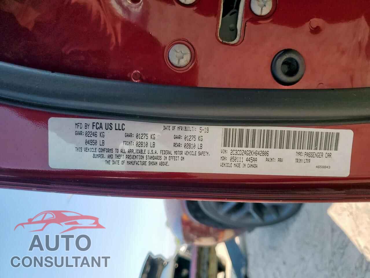 DODGE CHALLENGER 2019 - 2C3CDZAG2KH642806