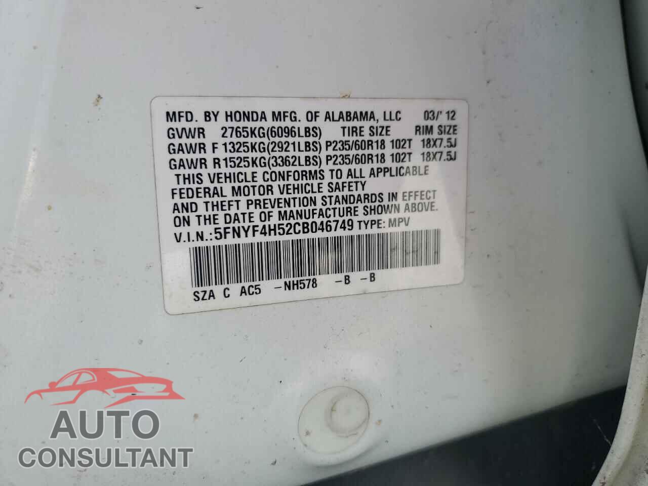HONDA PILOT 2012 - 5FNYF4H52CB046749