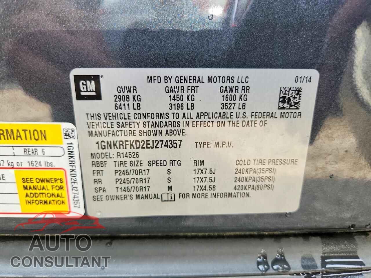 CHEVROLET TRAVERSE 2014 - 1GNKRFKD2EJ274357